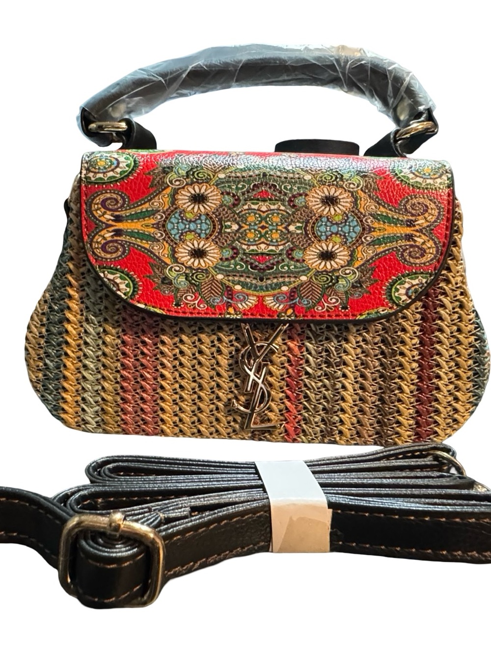 Inspire Multicolor Straw Shoulder Bag with Red Floral Flap